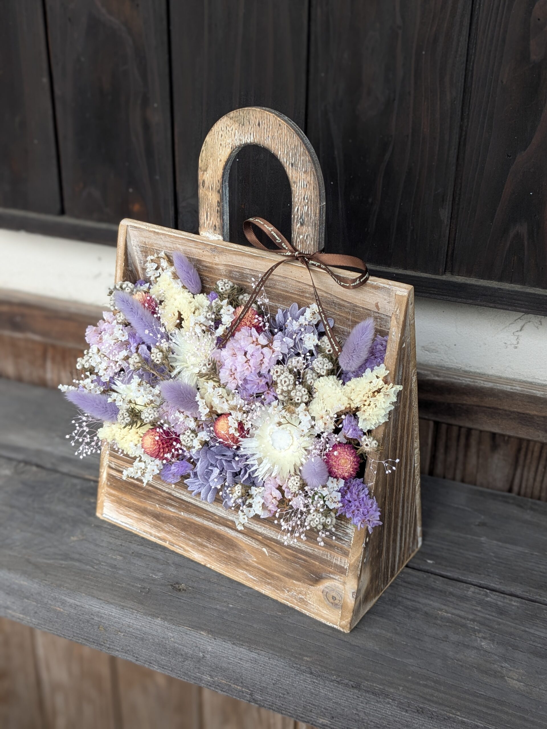 ドライフラワーアレンジ|木製バッグ|パステルパープル