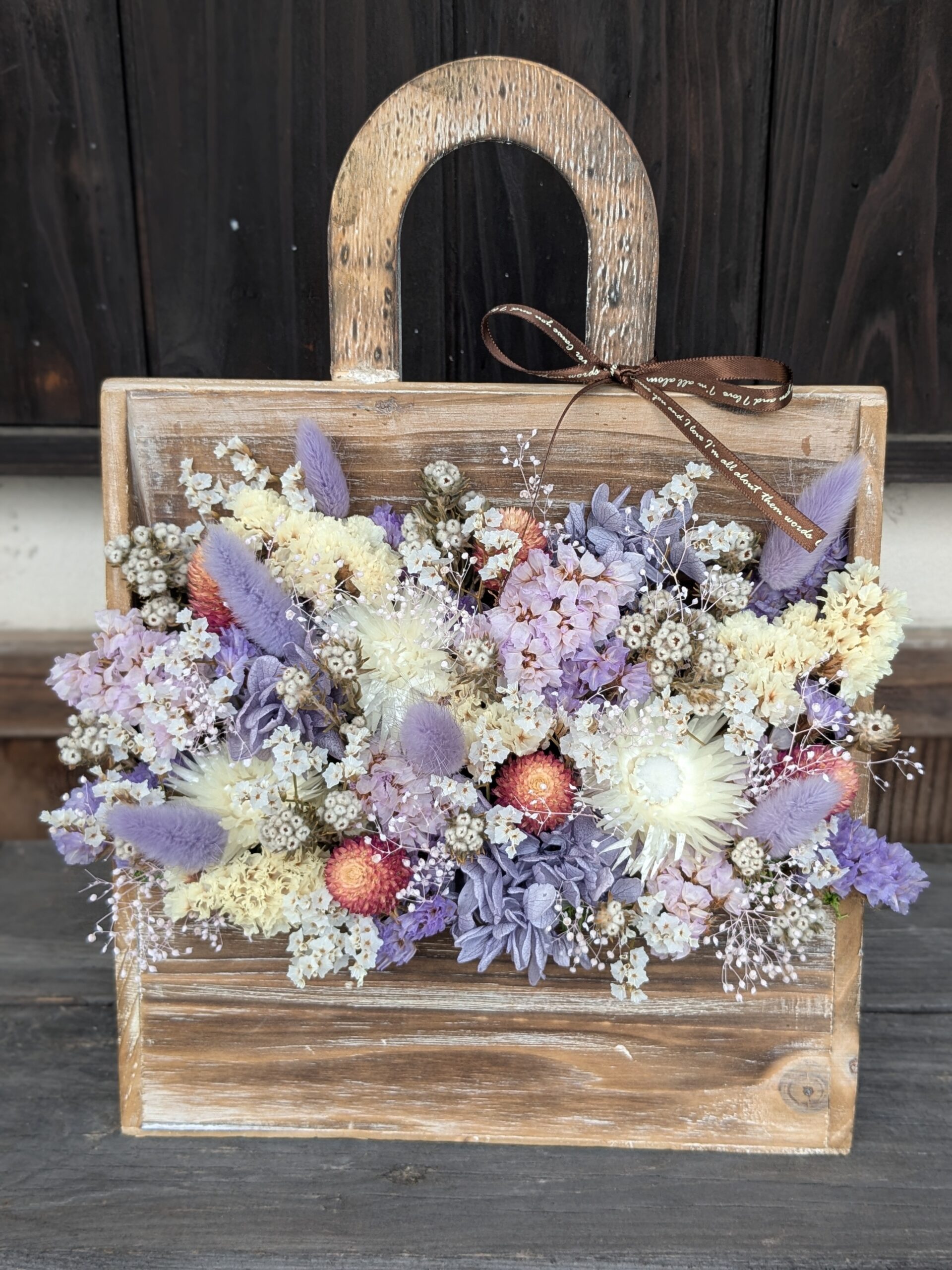 ドライフラワーアレンジ|木製バッグ|パステルパープル - 画像 (2)