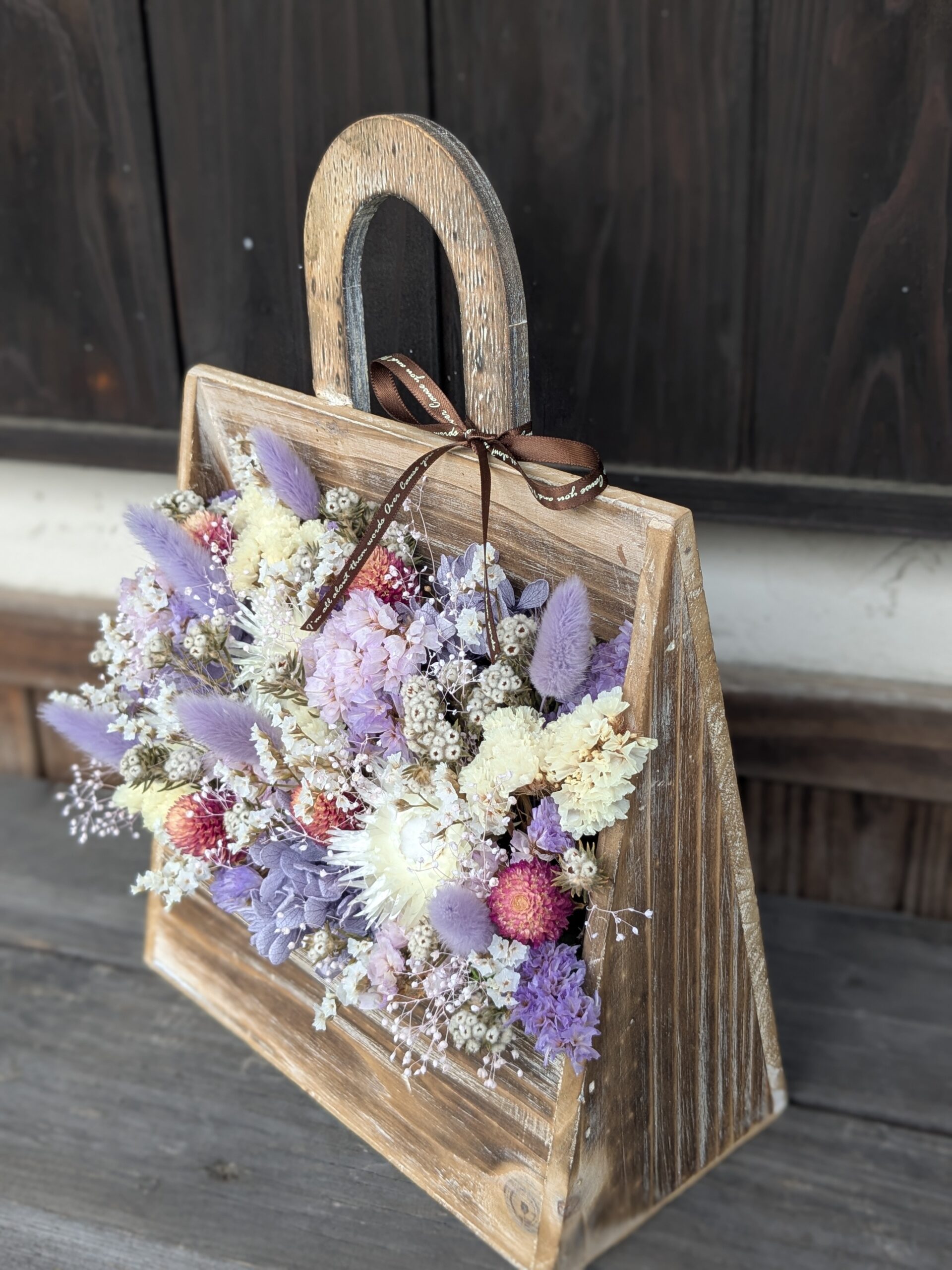 ドライフラワーアレンジ|木製バッグ|パステルパープル - 画像 (4)