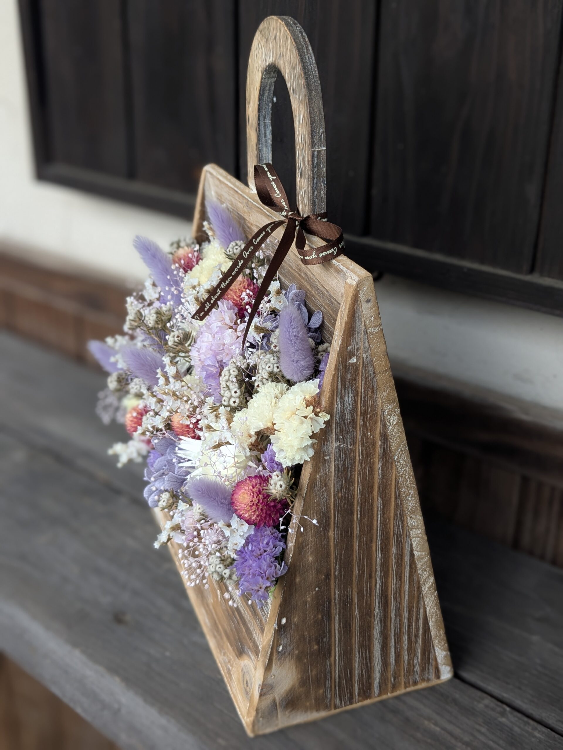 ドライフラワーアレンジ|木製バッグ|パステルパープル - 画像 (5)